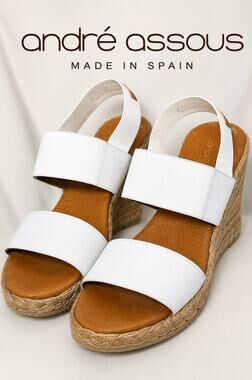 André Assous White Elastic Espadrille Wedge Sandals Made in Spain Size 37